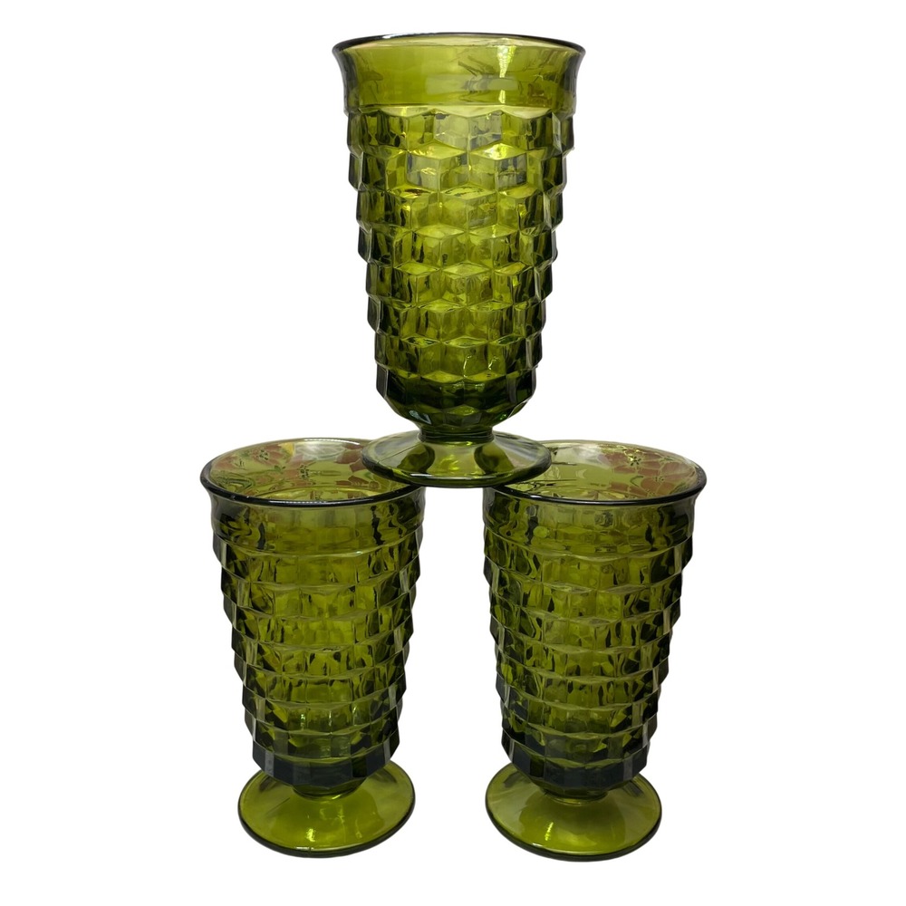 Indiana Glass Tumblers Whitehall Colony Cubist 6" Avocado Green Vintage Set of 3